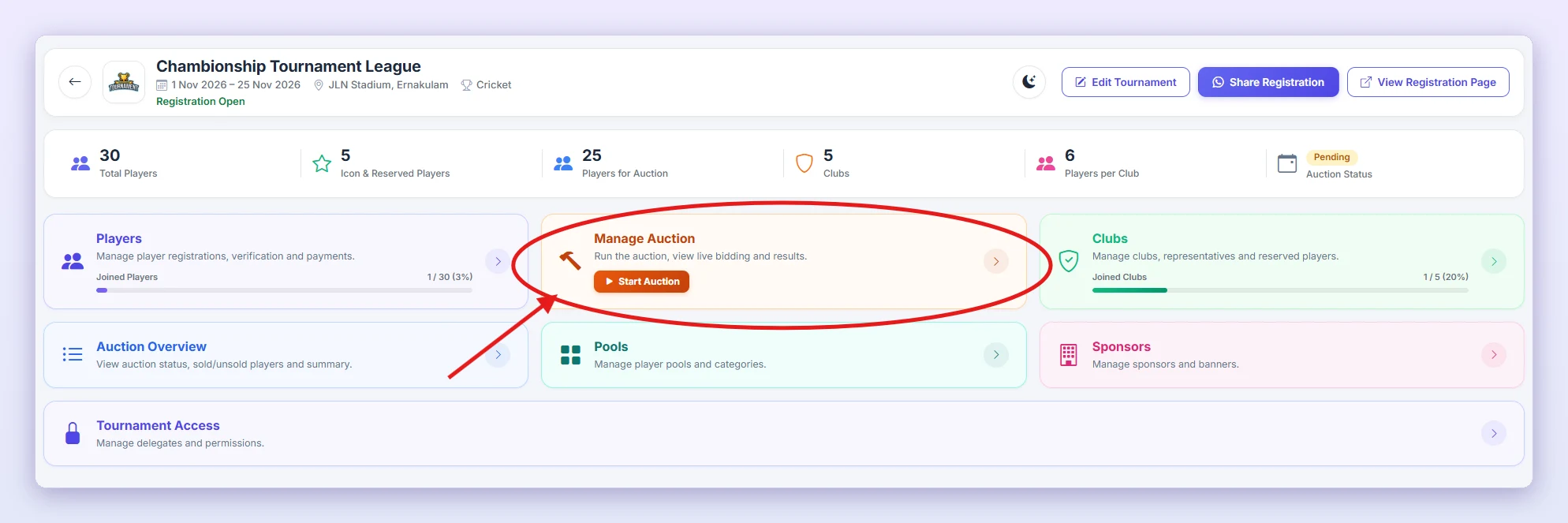 Click the Manage Auction card (red circle).