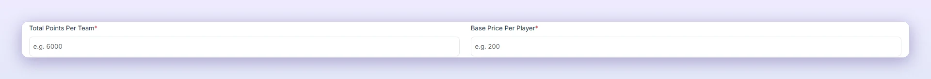 Enter Total Points Per Team and Base Price Per Player.