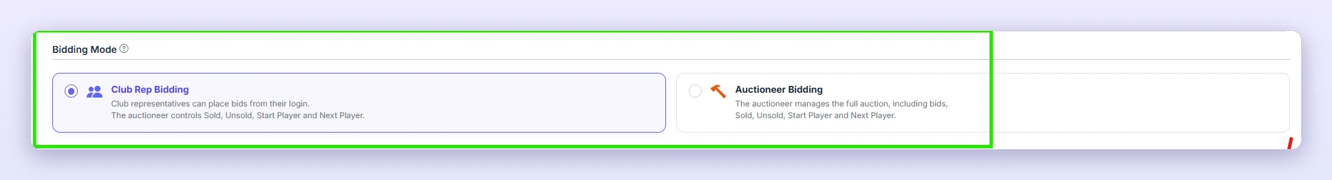 Green box: choose who places the bids, Club Rep Bidding or Auctioneer Bidding.