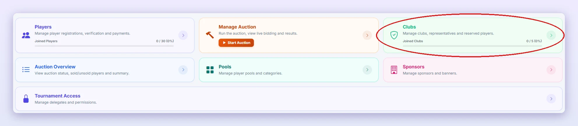 Open the Clubs card (red circle) on your tournament page.