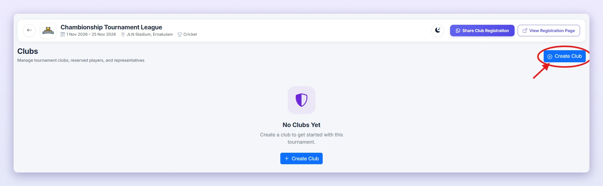 Click Create Club (red circle).