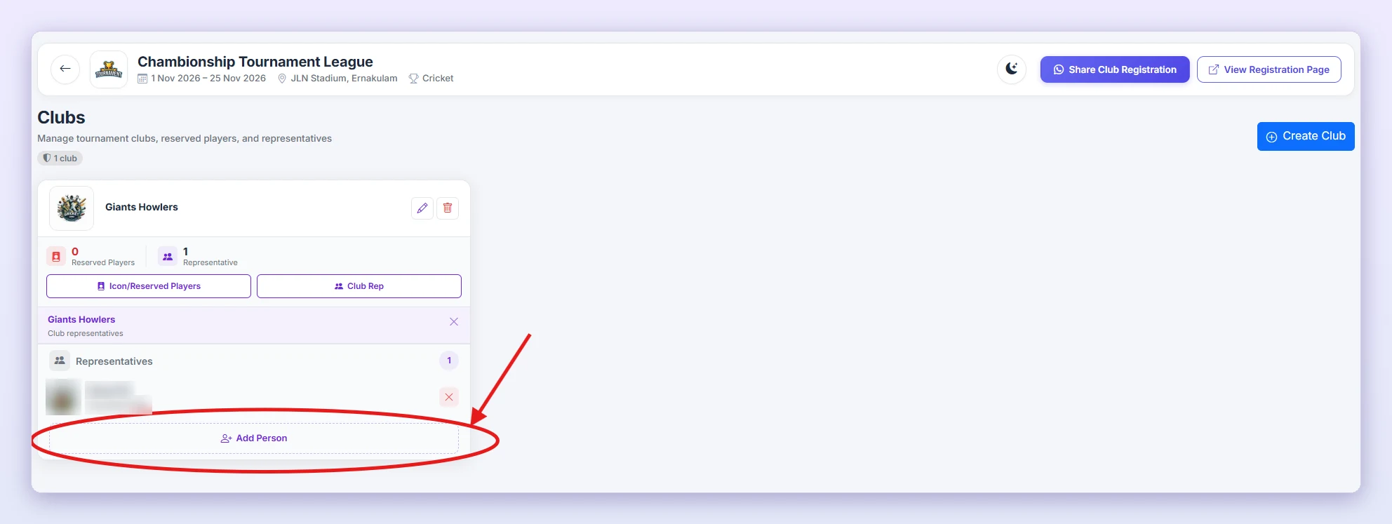 Under Representatives, click Add Person (red circle) to add a club representative.