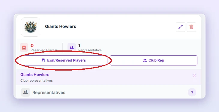Click Icon/Reserved Players (red circle) to assign players directly to the club.