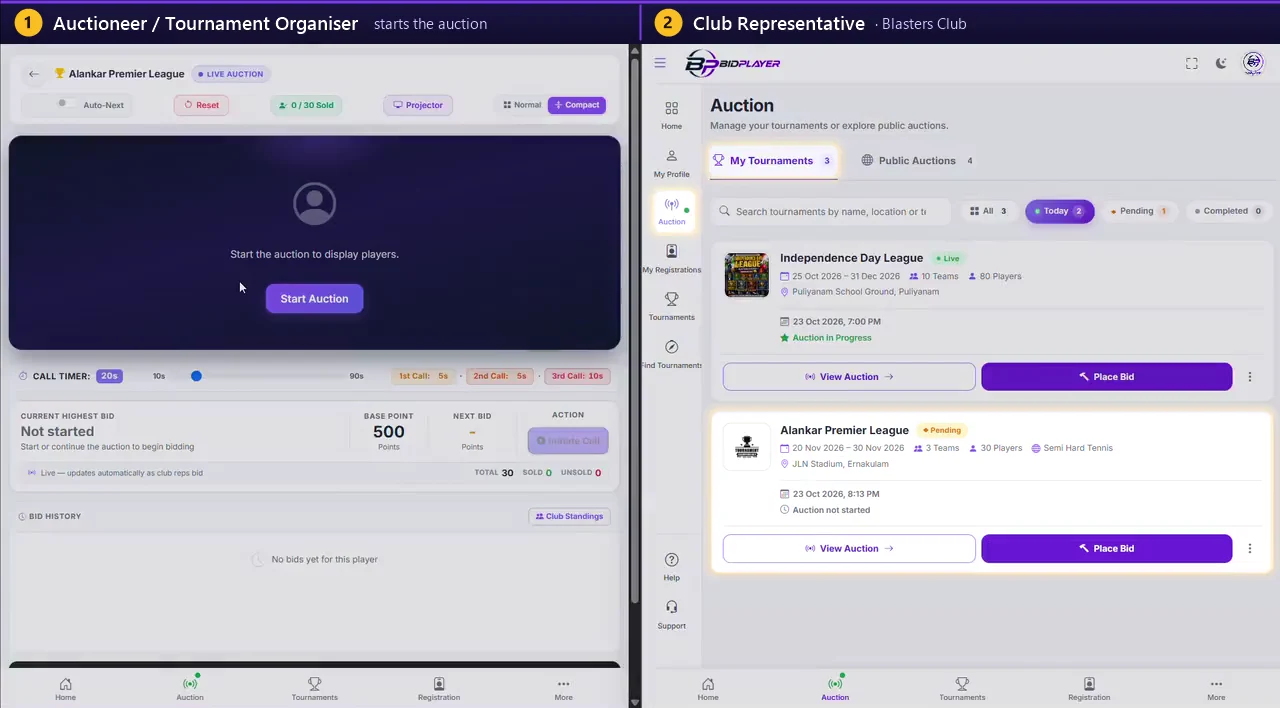 Left: the Auctioneer's live screen. Right: a Club Representative opens the tournament from Auction, My Tournaments.