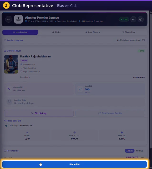 Club Representative: click Place Bid (highlighted).