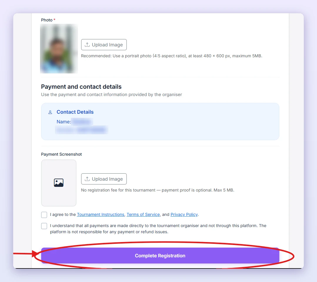 Upload the payment screenshot, tick both boxes and click Complete Registration (red circle).