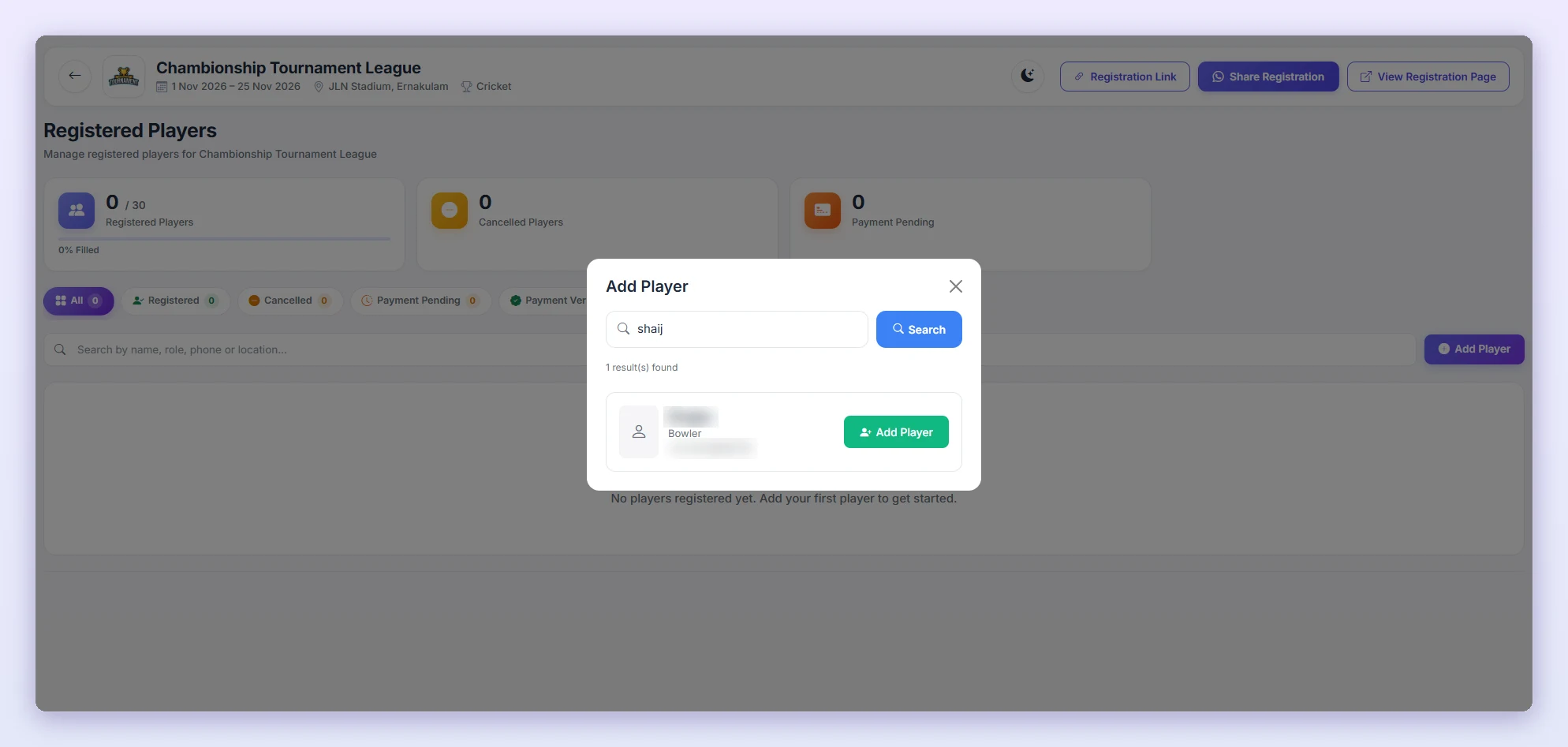 Search for the player by name, then click Add Player.