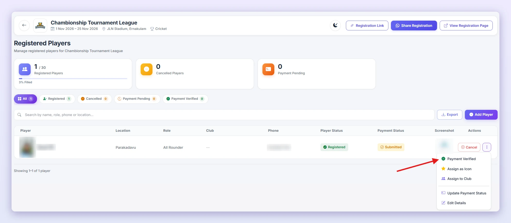 Open the ⋮ menu on a player and choose Payment Verified (red arrow).