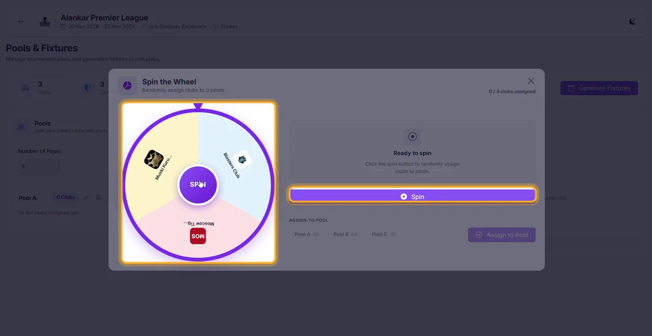 Click Spin (highlighted) and the wheel picks a club at random.
