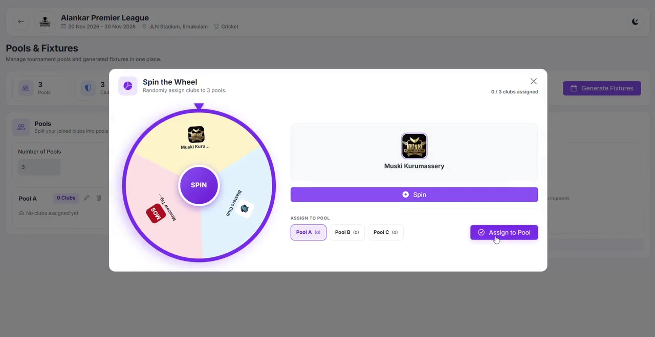 Click Assign to Pool to put the club in the pool the wheel picked.