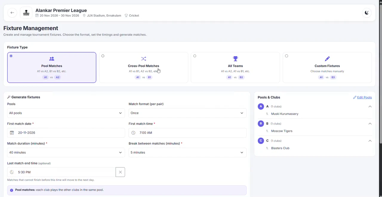 Pick a fixture type: Pool Matches, Cross-Pool Matches, All Teams or Custom Fixtures.