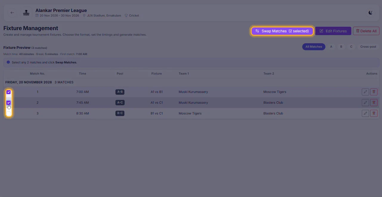 Tick two matches and click Swap Matches (highlighted).