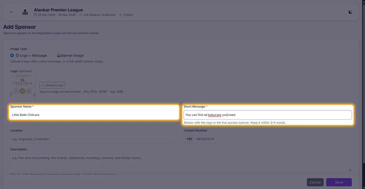 Enter the sponsor name and a short message (highlighted).
