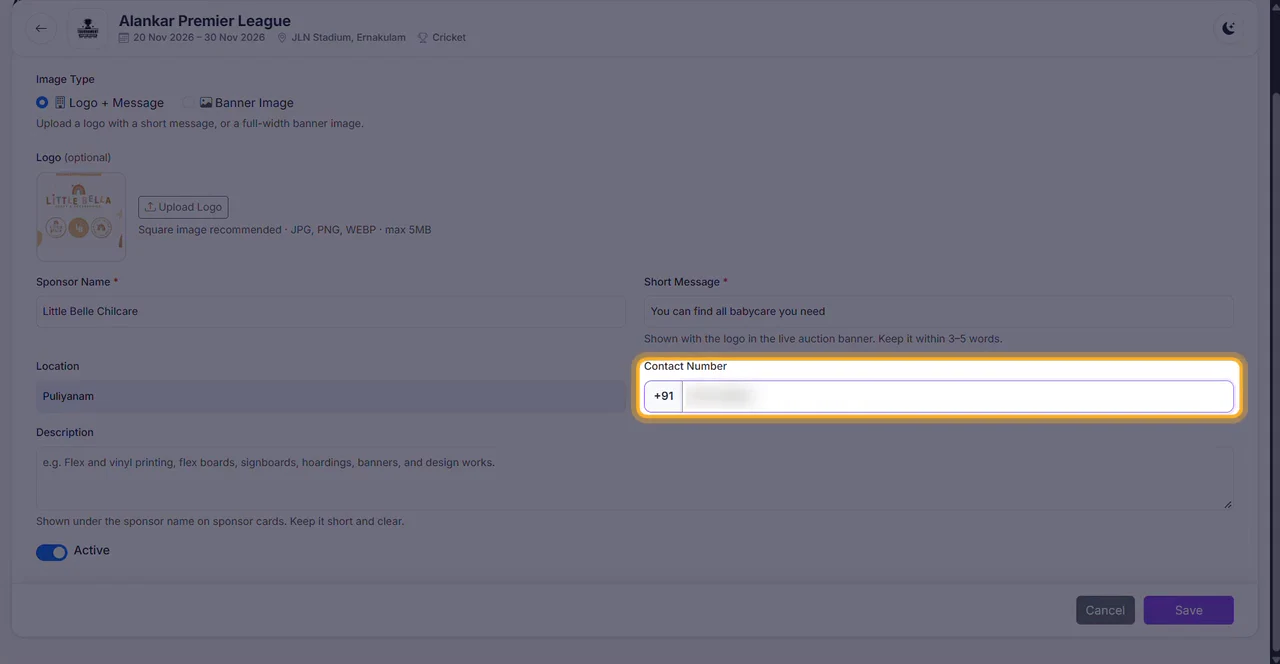 Enter the sponsor's contact number (highlighted).