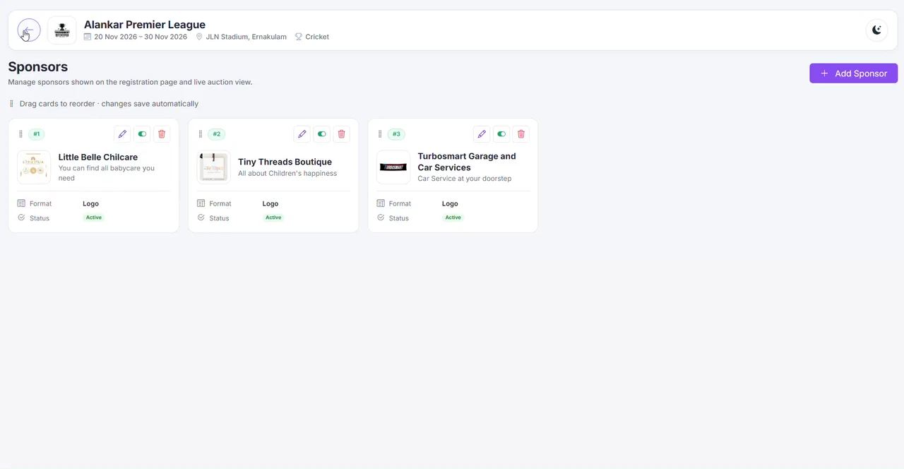 Sponsor cards: drag to reorder, edit, switch on or off, or delete.