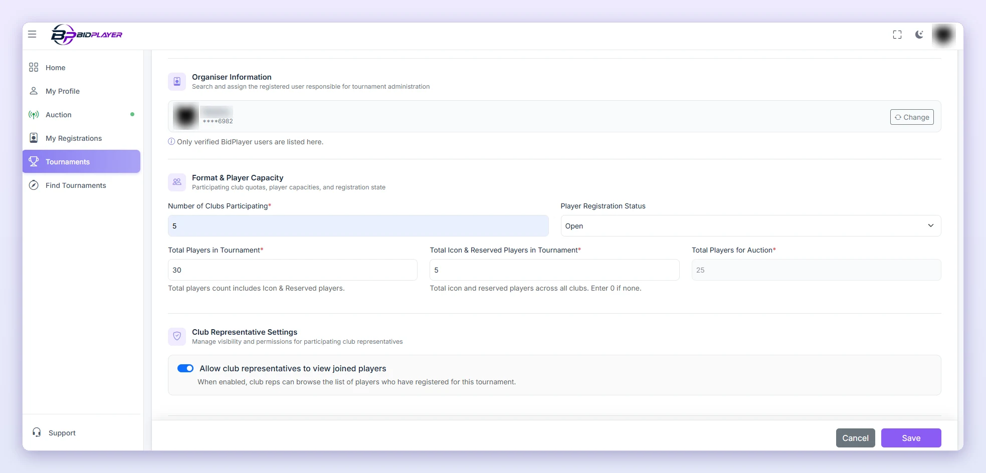 Organiser, number of clubs and players. Click Save when done.